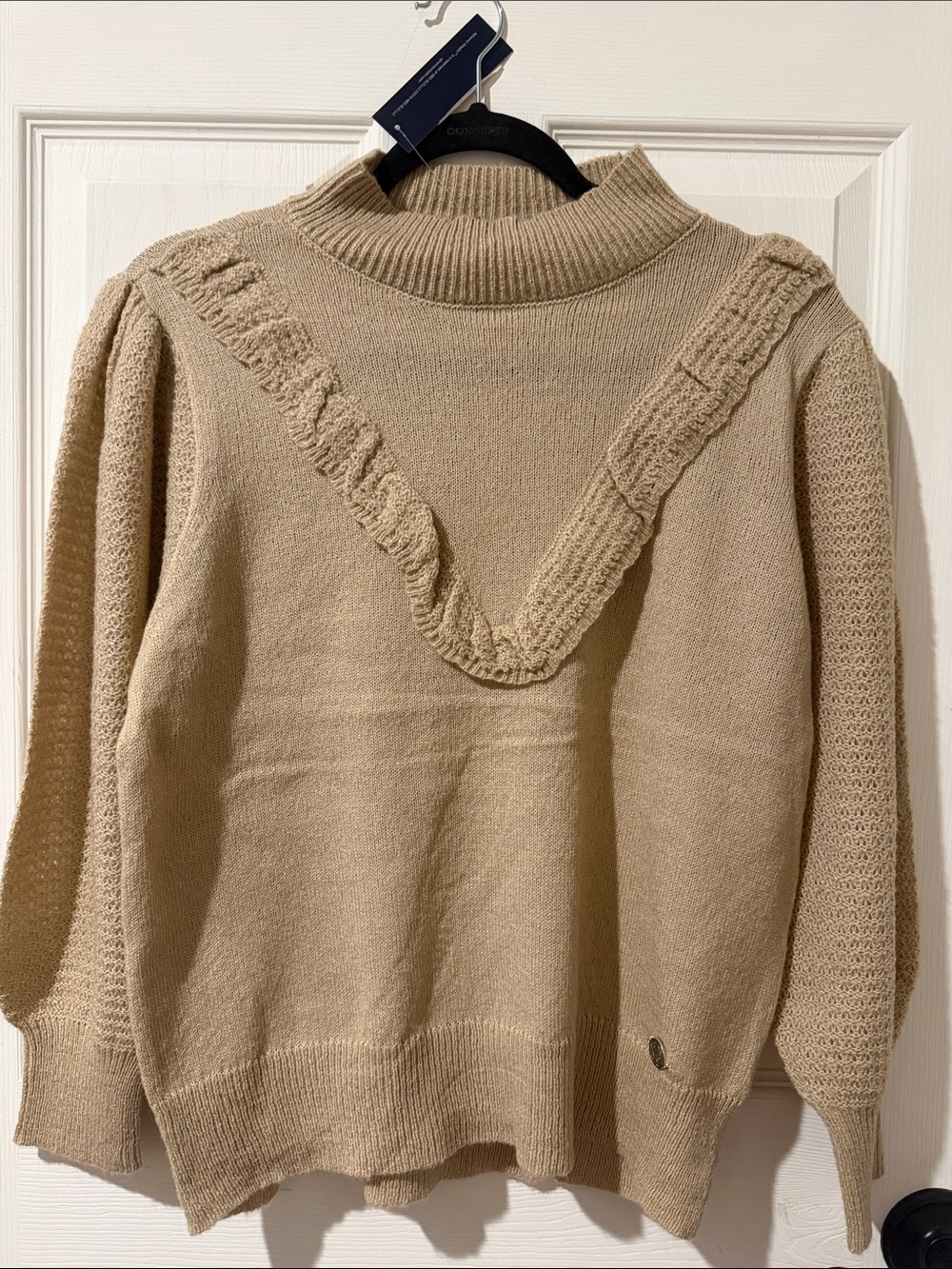 Adrienne Vittadini Beige Ruffle-Front Mock Neck Sweater